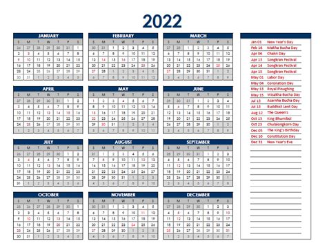 Printable 2022 Thailand Calendar Templates with Holidays.